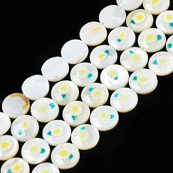 Yellow Natural Freshwater Shell Enamel Beads, Flat Round with Flower, Yellow, 11x3mm, Hole: 0.8mm, about 32pcs/strand, 14.37 inch(36.5cm)