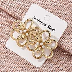 Настоящее золото 18K 304 из нержавеющей стали серьги, с пластиковой имитационной жемчужиной, цветок, реальный 18 k позолоченный, 33x28.5 мм