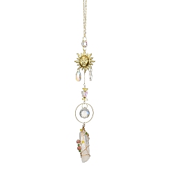 Golden Natural Quartz Crystal Hanging Suncatchers, Rainbow Maker, with Glass Beads, Iron Ring and Brass Charm, Sun, Golden, 365mm