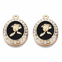 Black Rack Plating Alloy Enamel Pendants, with Crystal Rhinestone, Light Gold, Cadmium Free & Nickel Free & Lead Free, Oval Charms with Flower, Black, 21x16x4mm, Hole: 1.6mm