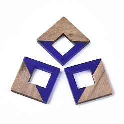 Blue Resin & Wood Pendants, Rhombus, Blue, 37x37x3mm, Hole: 2mm