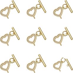 Real 18K Gold Plated Brass Micro Pave Clear Cubic Zirconia Toggle Clasps, with Jump Rings, Nickel Free, Heart, Real 18K Gold Plated, Heart: 12x12.5x1.5mm, Hole: 1mm, Bar: 15x2mm, Hole: 1mm, 10sets/box