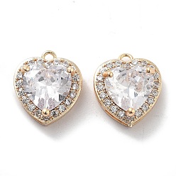 Настоящее золото 18K Латунные микропаве прозрачные подвески с фианитом, без кадмия, без никеля и без свинца, со стеклом, сердце, реальный 18 k позолоченный, 13x11x5.5 мм, отверстие : 1.2 мм
