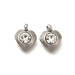 Сердце 201 прелести нержавеющей стали, с кристально горный хрусталь, сердце, 9.5x8x3 мм, отверстие : 1.6 мм