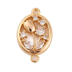 Настоящее золото 18K Латунные подвески из прозрачного кубического циркония, без кадмия, без никеля и без свинца, овал с цветочными звеньями, реальный 18 k позолоченный, 25x16x5 мм, отверстие : 1.8 мм
