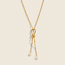 Настоящее золото 18K Минималистичные подвески-кисточки из нержавеющей стали с узлом из натурального пресноводного жемчуга в форме капли для женщин., белые, реальный 18 k позолоченный, 15.75 дюйм (40 см)