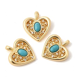 Настоящее золото 18K Синтетические бирюзовые подвески, подвески в форме сердца с латунными микропаве из прозрачных кубических цирконий, реальный 18 k позолоченный, 19~19.5x17x5~5.7 мм, отверстие : 2x2.8 мм
