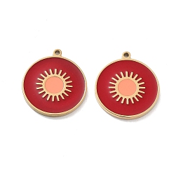 FireBrick Ion Plating(IP) 304 Stainless Steel Pendants, with Enamel, Flat Round Charm, Golden, FireBrick, 17x15x1.5mm, Hole: 1mm
