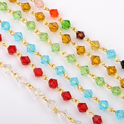 Mixed Color Handmade Bicone Glass Beads Chains for Necklaces Bracelets Making, with Golden Iron Eye Pin, Unwelded, Mixed Color, 39.3 inch, Beads: 6mm