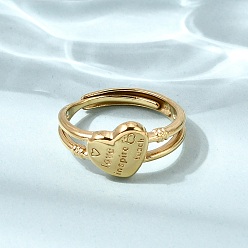 Настоящее золото 18K 304 регулируемые манжеты из нержавеющей стали с открытыми кольцами для женщин, сердце со словом, ионное покрытие (ip), реальный 18 k позолоченный, 9.5 мм, размер США 6 3/4 (17.1 мм)
