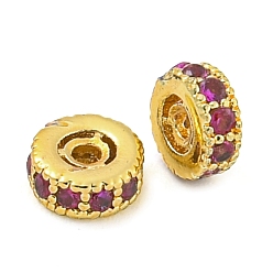 Темно-Розовый Реечное покрытие латунь микро паве кубический цирконий распорные бусины, долговечный, без свинца и без кадмия, рондель, реальный 18 k позолоченный, темно-розовыми, 4x2 мм, отверстие : 0.8 мм