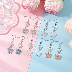 Платиновый & Серебристый Прозрачные стеклянные бусины, окрашенные распылением, с бусинами из АБС-пластика, имитирующими жемчуг, и 304 крючки для сережек из нержавеющей стали, и 304 серьги-булавки из нержавеющей стали, бабочка, Платина и серебро, 54x15.5 мм, 5 пара / комплект