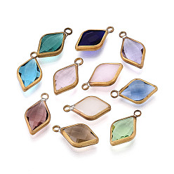 (52) Непрозрачная лаванда 4 шт. Стеклянные подвески, с латунной фурнитурой , граненые, ромб прелести, без никеля , сырой (без покрытия), разноцветные, 17.5~18.5x10x4~5 мм, отверстие : 1.8~2.4 мм