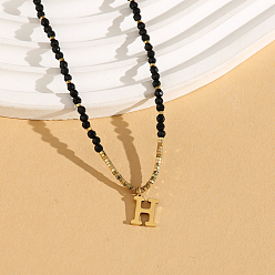 Letter H Женское ожерелье с подвеской из натуральной черной шпинели в форме круглой граненой буквы «Инициал» из нержавеющей стали, золотые, Письмо ч, 14.96 дюйм (38 см)