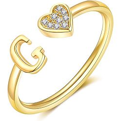 Letter G Регулируемые латунные кольца из манжеты из горного хрусталя, письмо и сердце, золотые, Буква G, внутренний диаметр: 15~20 мм