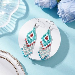 Синий Серьги-подвески из натурального магнезита в форме ромба, с цилиндрическим бисером и стеклянным витым стеклярусом, платина, синие, 72x17 мм