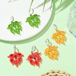 Mixed Color Handmade Glass Seed Beads Dangle Earrings, with Brass Earring Hooks, Leaf, Platinum, Mixed Color, 42x30.5mm, 3pairs/set