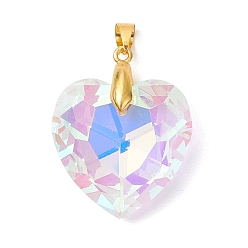 Прозрачный АВ Стеклянные подвески, шарма сердца, с латунным прижимных поручительств, золотые, граненые, ясно AB, 27x27x9 мм, отверстие : 6.5x4.5 мм