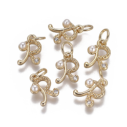 Letter R Латунь прелести, с фианитами и оболочки жемчужиной шарик, буквы, золотые, прозрачные, буква r, 9.5~11x3.5~10.8x3~3.5 мм, отверстие : 3.5 мм