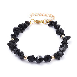 Obsidian Natural Obsidian Beaded Bracelets, with Brass Beads and Lobster Claw Clasps, Nuggets, 7-1/8 inch(18cm)