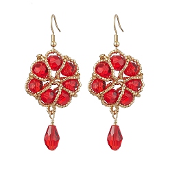 Red Copper Wire and Glass Pendants Dangle Earrings, Flower, Red, 65x28mm