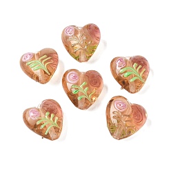 Цвет Древесины Ручной прозрачные бусины бусины, Сердце со цветками , деревесиные, 14.5~15x15~15.5x9~10 мм, отверстие : 2 мм