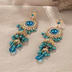 Темно-бирюзовый Серьги-гвоздики из акрила и сплава, плоско-круглые, золотые, темные бирюзовый, 90x25 мм