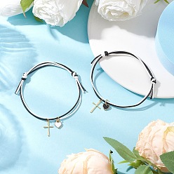 (52) Непрозрачная лаванда 2шт. регулируемые браслеты из вощеного полиэфирного шнура, сплав эмали и 304 браслеты из нержавеющей стали с подвесками для мужчин и женщин в виде сердца и креста, разноцветные, внутренний диаметр: 2~3-1/8 дюйм (5~8 см)