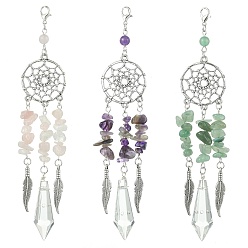 Mixed Stone Alloy Woven Web/Net with Feather Pendant Decorations, Natural Mixed Stone Chip and Glass Tassel for Home Decorations, 144~146mm, 3pcs/set