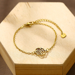 Golden 304 Stainless Steel Rose Flower Link Bracelets, Cable Chain Bracelets for Women, Golden, 6.50 inch(16.5cm)