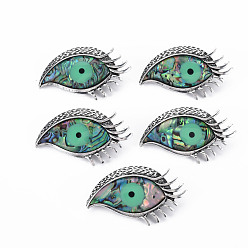 Colorful Eagle Eye Shape Natural Abalone Shell/Paua Shell Brooch Pin, Alloy Enamel Pin for Backpack Clothing, Lead Free & Cadmium Free, Antique Silver, Colorful, 29~31x49~50x9~10mm, Hole: 4x3mm, Pin: 0.7mm