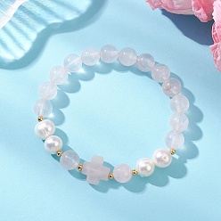 Розовый Кварц Браслеты из натуральных розовых кварцевых бусин и культивированного пресноводного жемчуга для женщин, крестик, с латунной бисера, бусины : 8.5~9.5 мм, внутренний диаметр: 2.24 дюйм (5.7 см)
