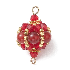 Красный Агат Подвески-фонарики из натурального сердолика (окрашенного и нагретого) круглой формы и стеклянных бусин, с обмоткой из медной проволоки, золотые, 28~29.5x18~19 мм, отверстие : 2 мм