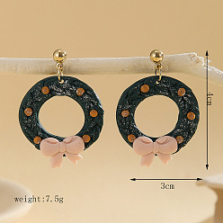 Темно-Зеленый Серьги-гвоздики из полимерной глины с рождественским венком, золотые, темно-зеленый, 40x30 мм