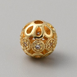 Настоящее золото 18K Латунные шарики циркония кубической, полый круглый, реальный 18 k позолоченный, 10x9.5 мм, отверстие : 2 мм