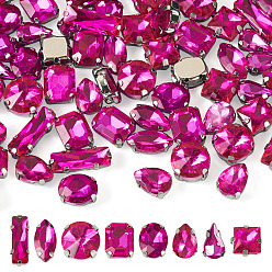 Fuchsie 80Stück 8Stile aufnähen Strass, Multi-Strang-Links, Glas Strass, mit Messingstiften, Bekleidungszubehör, facettiert, Platin Farbe, Mischformen, Fuchsie, 8~16x6~11x4.4~7.2 mm, Bohrung: 0.8~1 mm, 10 Stück / Stil