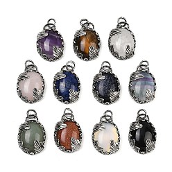 Смешанные камни Природные и синтетические смешанные подвески драгоценных камней, овальные подвески с латунной оправой, античное серебро, смешанные окрашенные и неокрашенные, 30.5~31x21~21.5x8~8.5 мм, отверстие : 5.5 мм