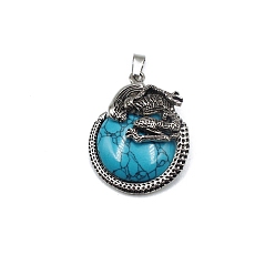 Synthetic Turquoise Synthetic Turquoise  Pendants, with Antique Silver Alloy Finding, Flat Round with Skull Charms, 40x35mm
