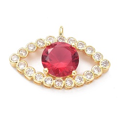 Red Brass Micro Pave Cubic Zirconia Pendants, Eye Shape, Golden, Red, 16x25x6mm, Hole: 1.8mm