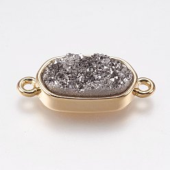 с Платиновым Покрытием Гальванические соединители из натурального агата друзы, с фурнитурой латунной золотого тона, овальные, с покрытием платиным, 10x24x6 мм, отверстие : 1 мм