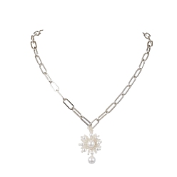 Platinum Flower Glass Seed Bead & Shell Pearl Pendant Necklaces, Iron Paperclip Chain Necklaces, Platinum, 20.39 inch(51.8cm)