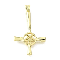 Настоящее золото 18K Латунные подвески, христианский перевернутый крест со звездой, долговечный, без свинца и без кадмия, стойки покрытие, реальный 18 k позолоченный, 35.5x21.5x4 мм, отверстие : 3.5x2 мм
