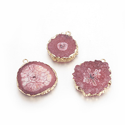 Бледно-фиолетовый Красный Подвески из натурального окрашенного кварца, солнечный кварц, с позолоченными краями из латуни, плоско-круглые, бледно-фиолетовый красный, 25~42x22~23x4~6 мм, отверстие : 2.5 мм