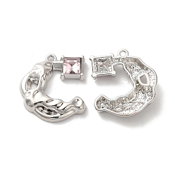 Misty Rose Alloy Pendant, with Glass, Platinum, Lead Free & Cadmium Free, Moon Charm, Misty Rose, 23x20x4mm, Hole: 1.6mm