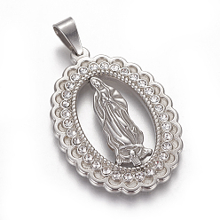 Нержавеющая Сталь Цвет 304 из нержавеющей стали горный хрусталь подвески, леди гваделупской чары, овальные с рисунками " virgin mary", цвет нержавеющей стали, 45x31x3 мм, отверстие : 5x8 мм
