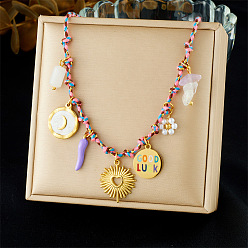 Сердце Морская тематика 304 Колье из нержавеющей стали с эмалью и искусственным жемчугом, состоящее из нескольких подвесок, для женщин, золотые, сирень, сердце, 17.32 дюйм (44 см)