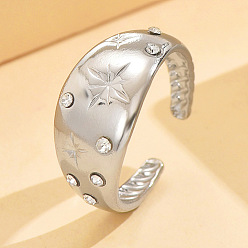 Нержавеющая Сталь Цвет 304 Открытые кольца-манжеты из нержавеющей стали с кристаллами и стразами, звезда, цвет нержавеющей стали, 17 мм