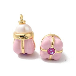 Настоящее золото 18K Стойки обшивки латунь кубического циркония подвески, натуральный жемчуг, с эмалью, без кадмия и без свинца, долговечный, бутон, реальный 18 k позолоченный, 22.5x12.5x13 мм, отверстие : 2.5 мм