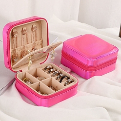 Deep Pink Mini Travel Imitation Leather Storage Box for Women, Square Portable Jewelry Case Organizer for Earrings Rings, with Snap Button and Mirror, Deep Pink, 10x10x5cm