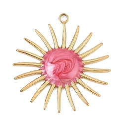 Rosa Oscura 304 colgantes de esmalte de acero inoxidable, encantos del sol, real 18 k chapado en oro, de color rosa oscuro, 28x25x2.5 mm, agujero: 1.6 mm